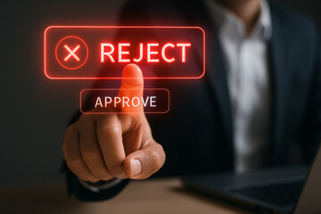 Poster - Reject or approve decision making process business concept with finger pressing reject button online