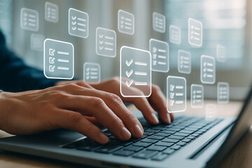 Poster - Online checklist management system for productivity and task completion on a laptop computer screen