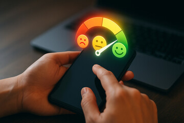 Poster - Customer satisfaction survey on mobile phone showing positive feedback and user experience rating scale