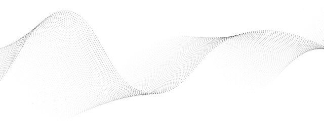 Poster - Abstract flowing dots particles wave curved lines on transparent background. Black halftone gradient smooth curve line shape background. Design for frequency sound, technology, science, banner