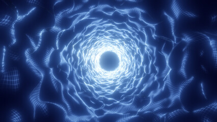 Aufkleber - Blue glowing energy portal with wireframe mesh structure, forming a bright circular tunnel of light