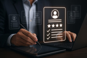 Poster - Man using tablet and laptop with glowing resume and profile icons in a dark office setting scene