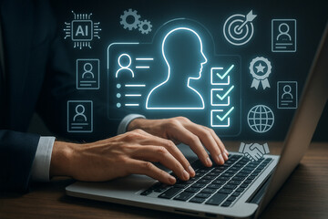 Poster - Hands typing on laptop with ai, profile, checklist, and target icons displayed on the screen behind it
