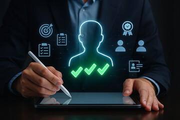 Poster - Person using tablet with digital profile and check marks for recruitment and hiring process shown