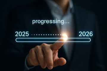 Poster - Progress bar from 2025 to 2026 being advanced by a finger in a dark background with suit jacket
