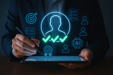 Poster - Person using tablet with ai and checklist icons, showing data analysis and digital transformation concept