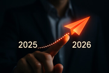 Poster - a person pointing to a paper airplane with the dates of the years twenty twenty five and twenty twen