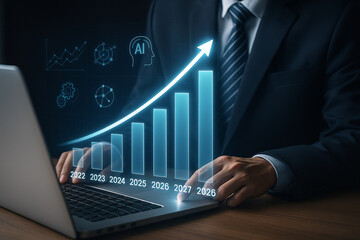Poster - A business man using a laptop with a rising bar graph and ai icons overlayed on the screen showing growth