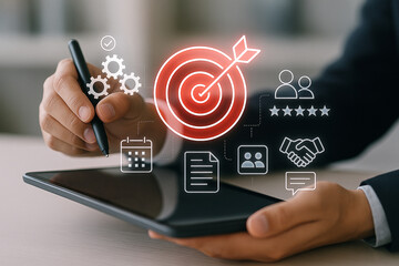 Poster - Person holding a tablet with digital icons of target, gears, calendar, and handshake overlayed on top