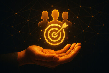 Poster - Glowing hand holding target with arrow and people icons on a dark background with light dots