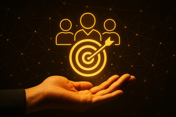Poster - Glowing hand presenting target with arrow and people icons on a dark background with small dots