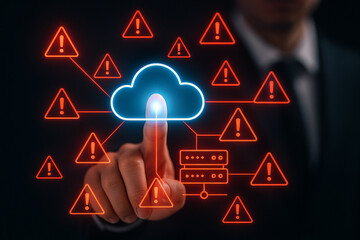 Poster - A finger touching a glowing cloud icon surrounded by warning signs against a dark background with a man