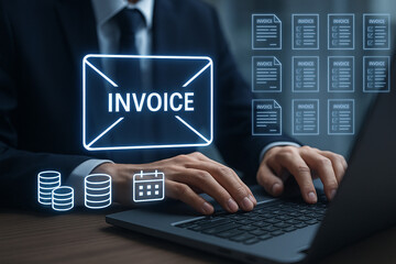 Poster - Businessman working on laptop with invoice graphic overlay and document icons floating above it