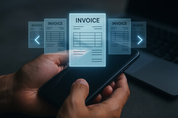 Poster - Person holding smartphone with digital invoice interface and document management application shown