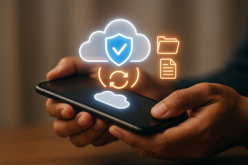 Fototapete - Hands holding smartphone with cloud security and data synchronization icons displayed on the screen