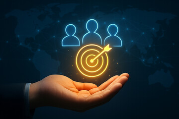 Poster - A hand holding a glowing target with an arrow and three people icons above it on a dark blue background