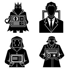 Poster - Four stylized figures holding devices with screens in a black and white vector illustration