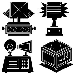 Poster - Illustration showing four different vintage style devices in black and white color scheme on a white background