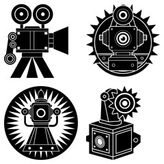 Poster - Four black and white steampunk inspired designs featuring robots and a vintage camera on a white background