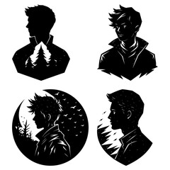 Poster - Four stylized black and white portraits of young men with unique artistic backgrounds designs