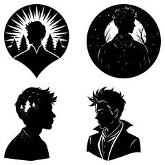 Poster - Four black and white silhouette portraits of men with nature themed backgrounds and design elements