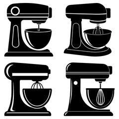 Poster - Four black and white silhouettes of stand mixers with bowls and beaters on a white background layout