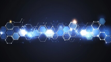 Poster - Futuristic Blue Hexagonal Pattern with Intricate Lines and Lighting Effects on Dark Background.