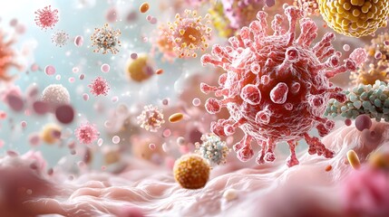 Aufkleber - Close up microscopic image of a virus surrounded by infected cells showcasing the intricate cellular structures and biological processes involved in viral infection and disease research