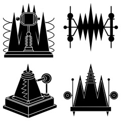Poster - Four black and white stylized electrical devices with geometric shapes and retro futuristic design elements
