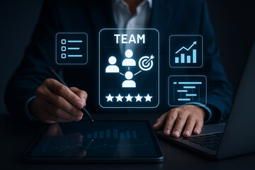 Poster - Person using a tablet with team management icons and business charts displayed on the screen