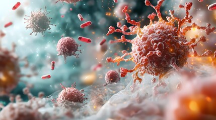 Aufkleber - Closeup microscopic view of red and orange virus cells or pathogens in a medical or scientific research setting