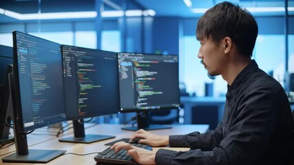 Developer coding at computer. Programmer working on software.