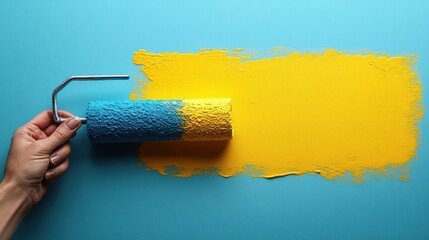 Poster - Hand using roller painting vibrant yellow color on a clean light blue wall in a home improvement process