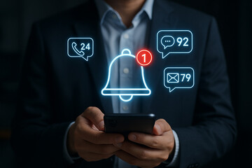 Fototapete - Person holding a phone with notification icons displaying messages and a bell notification symbol