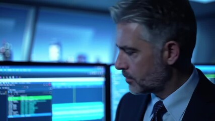 Business man works at computer analyzing data in office at night