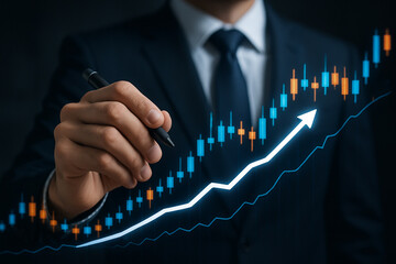 Poster - businessman with pen pointing at upward trending stock chart in dark suit and tie background image