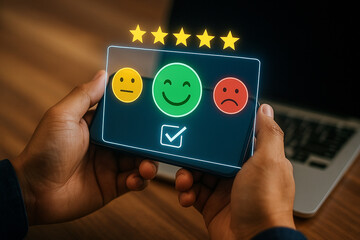 Poster - Person holding a phone with a customer satisfaction survey and five stars on the screen display
