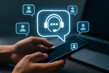 Fototapete - Person using a smartphone with glowing chat bubbles and a laptop in the background on a dark surface
