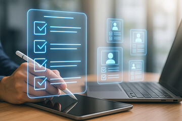 Poster - Person using a tablet with a digital pen to complete a checklist with laptop in the background