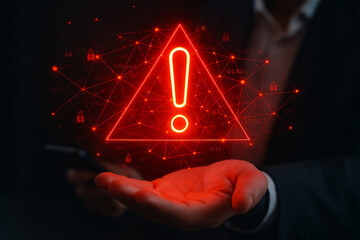 Poster - Red warning sign hovering over a hand with digital network on a dark background in a business setting