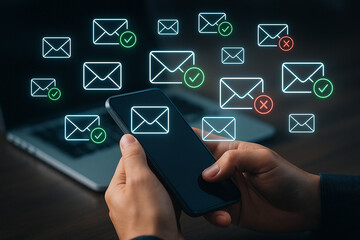 Poster - Person holding phone with email icons floating around and laptop in the background on dark surface