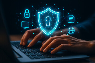 Poster - Cyber security data protection information technology online safety secure network hands on keyboard