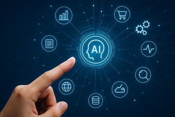 Fototapete - Artificial intelligence ai technology concept with hand touching ai head and data icons network 100