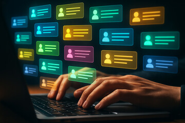 Poster - Typing on laptop keyboard managing social media contacts and networking online for business growth