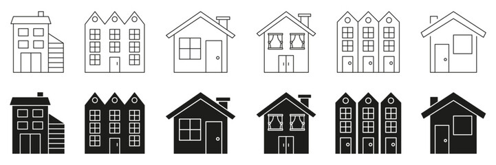 Fototapete - Various House Designs Line And Solid Icon Set. Residential Architecture And Building Styles Symbol Collection. Urban And Suburban Housing Concepts. Isolated Vector Illustration