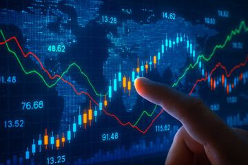 Poster - Stock market analysis and trading strategy financial chart with finger pointing concept for investment