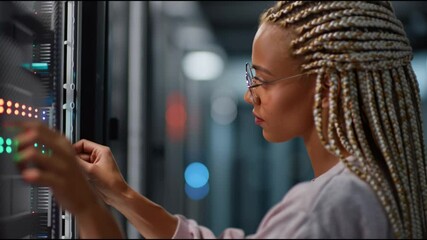 Poster - Tech professional works diligently on server configuration in a modern data center environment
