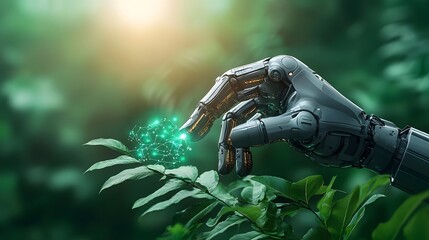 Poster - A robotic hand gently interacting with a lush green plant symbolizing the harmony between technology and nature in a futuristic yet organic setting