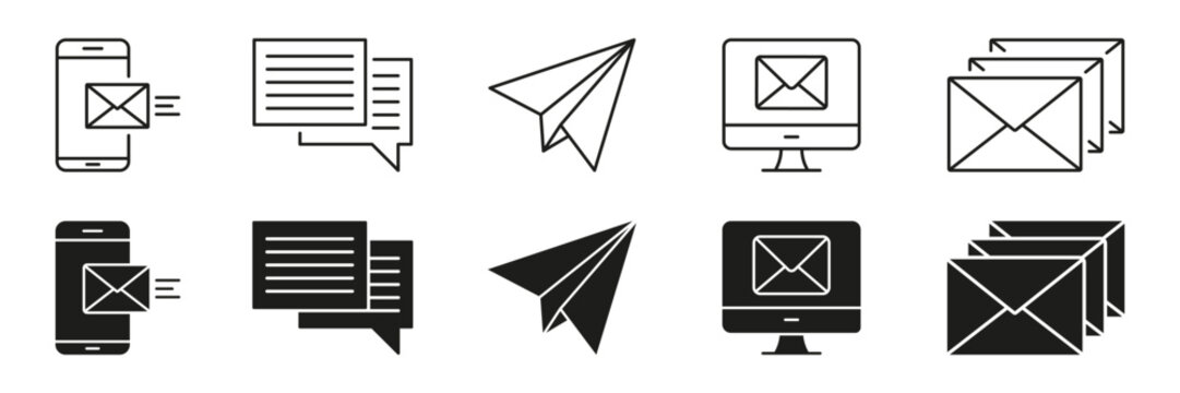 Email And Messaging Communication Line And Solid Icon Set. Digital Correspondence, Mobile Messaging Symbol Collection. Email Delivery And Online Chat Interface. Isolated Vector Illustration