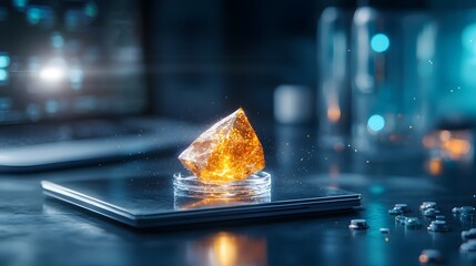 Poster - A high tech minimalist laboratory setting with a glowing crystal like structure displayed on a smartphone suggesting advanced research and development in the or scientific field